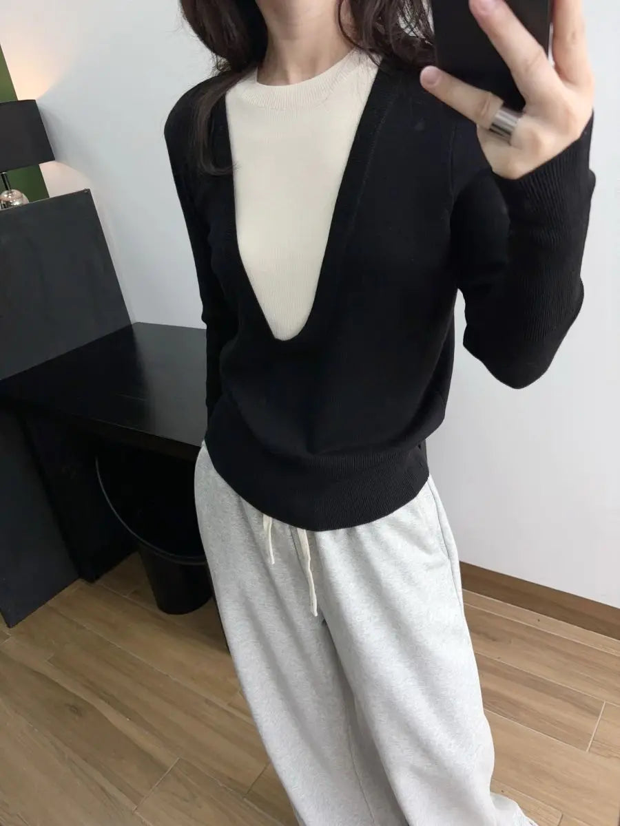 Andy Velvet Washed Large U-Neck Layered Slim Fit Knitwear Design Sensation Color Block Autumn Winter Top Polo Collar Sleeveless