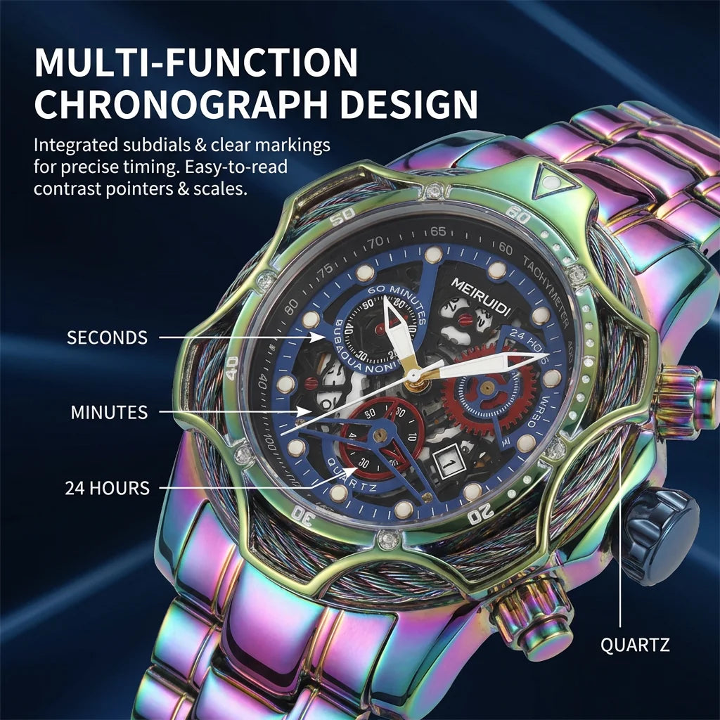 1pc Iridescent Color Changing Metal Strap Watch Mechanical Hollow Dial Chronograph Fashion Trendy Wristwatch For Men Women Daily
