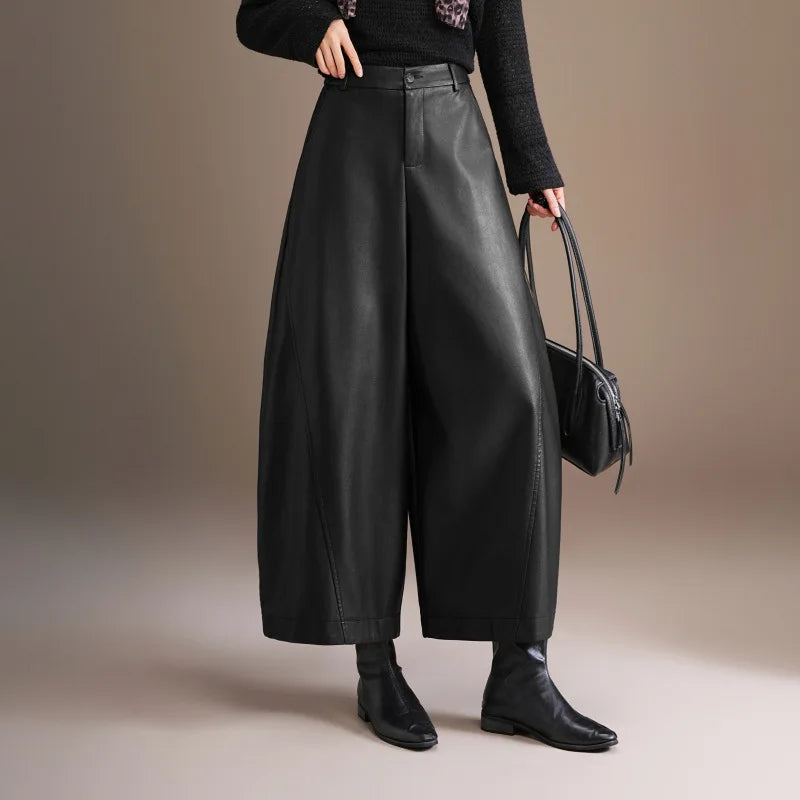 Fashionable High Waist Sheepskin Leather Pants Women's 2026 New Style Nine Points Knife Edge Pants Versatile Ladies Design