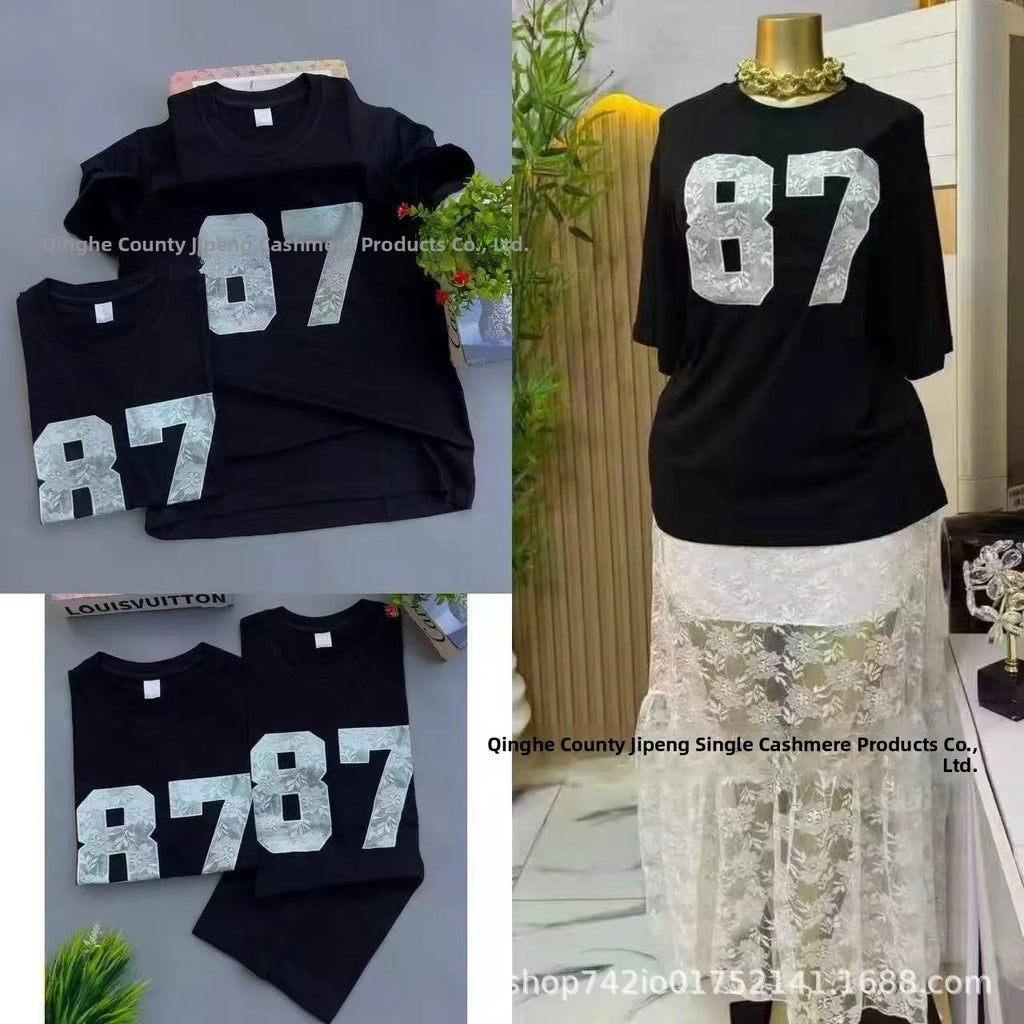 Loose Fit Embroidered Cotton T-Shirt Women's Shoulder Width round Neck Print Short Sleeve Cross-Border Half Sleeve Street Style