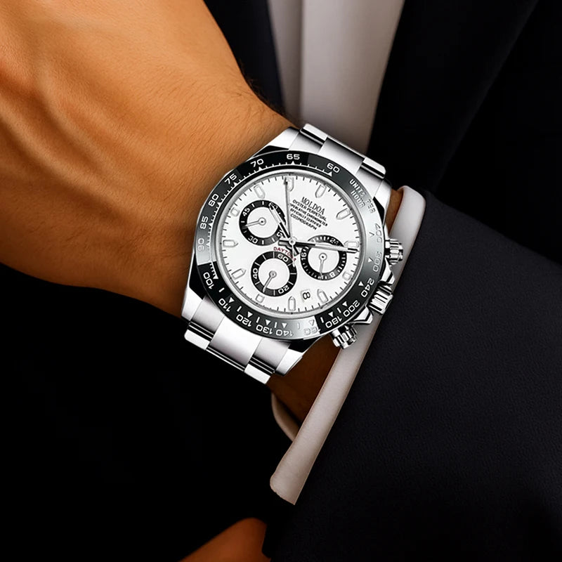 A Men's Silver Stainless Steel Trendy Multifunctional Quartz Watch with Dot and Line Display