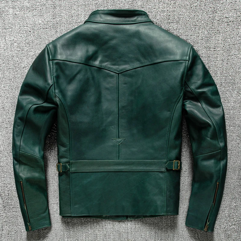 Green Winter Leather Jacket Men Vintage Style Plus Size 5XL Genuine Natural Thick Horsehide Stand Collar Slim Fit Leather Coat