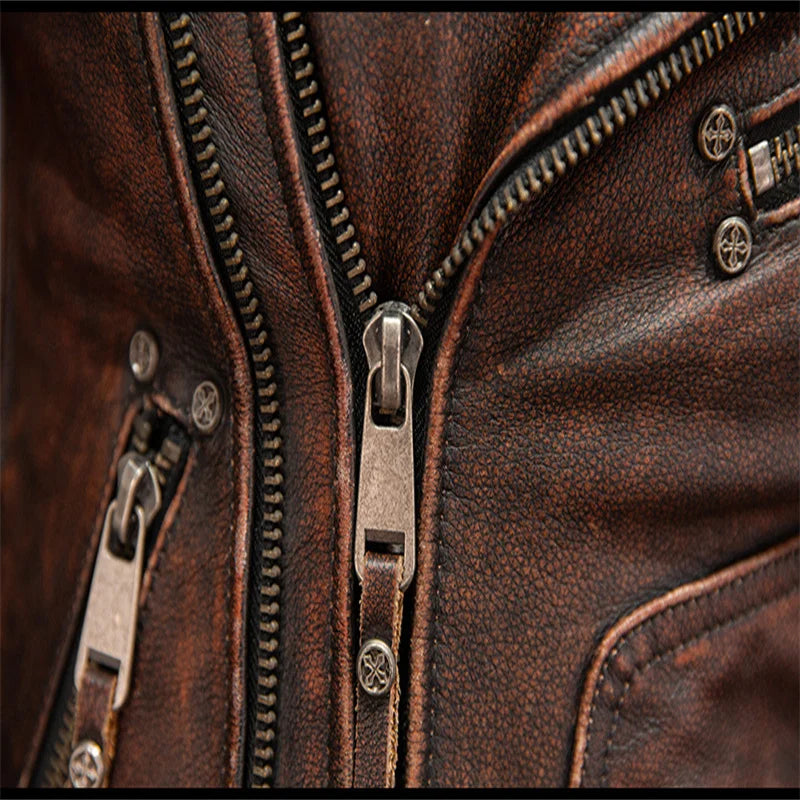 Men Red Brown Leather Biker Vest Vintage Distressed Asymmetrical Zip Sleeveless Jacket Punk Rock Studded Multi-Pocket Waistcoat