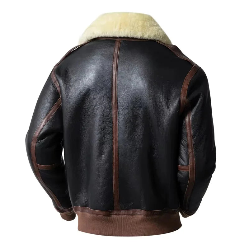 Men's Genuine Sheepskin Shearling Jacket A2 Flight Style Black Brown Fur Collar Winter Bomber Pilot Coat Thick Warm Jacket