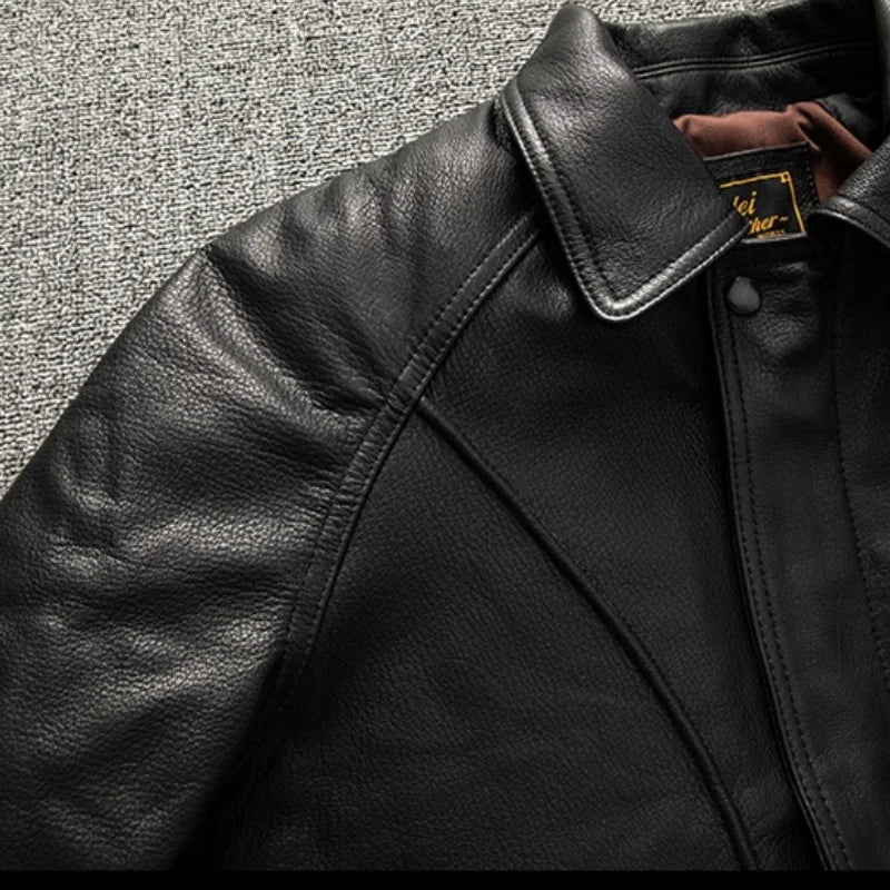 Black Winter Leather Jacket Men Retro Style Plus Size 5XL Genuine Natural Sheepskin Turn-down Collar Loose Casual Leather Coat