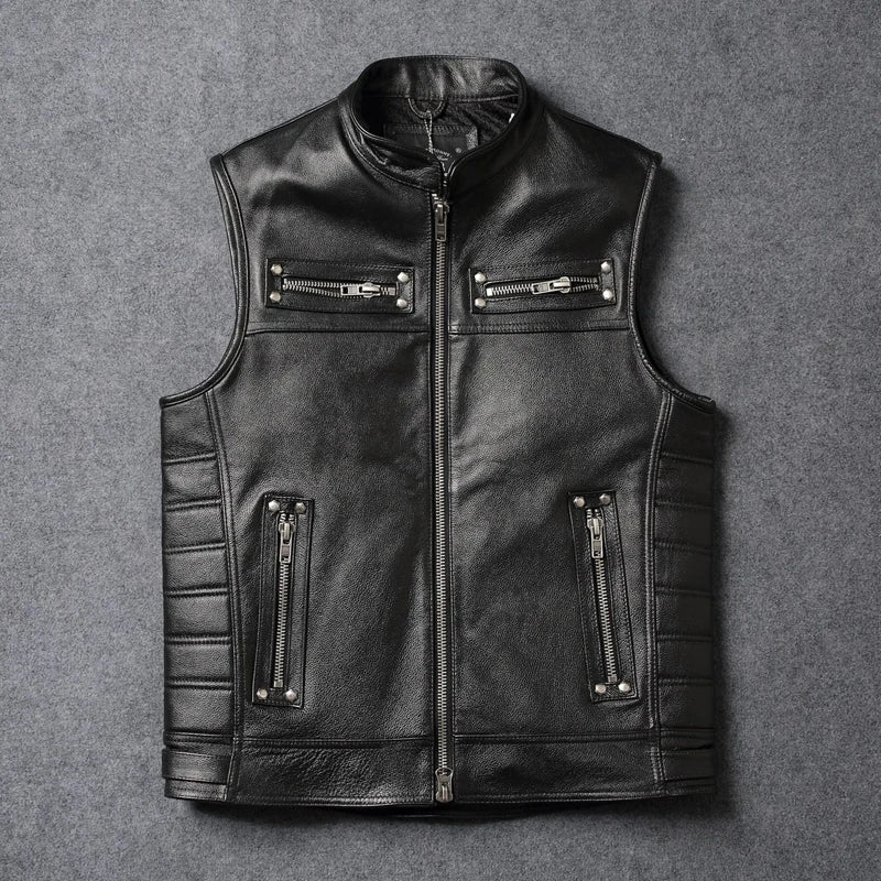 Black Four Seasons Leather Vest Men Vintage Style Plus Size 4XL Genuine Natural Cowhide Stand Collar Rivets Vest