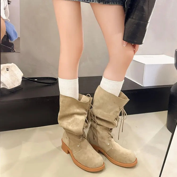 Retro Thick Heel High Tube Boots Women's 2026 New Autumn Korean Version Knot Knight Boots Two-Way Wear Knee-High Boots