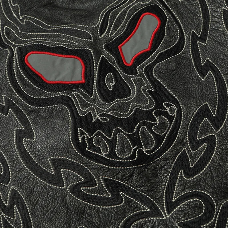 Black Spring Leather Vest Men Skull Embroidery Retro Style Plus Size 5XL Genuine Natural Cowhide Single Breasted Sleeveless Coat