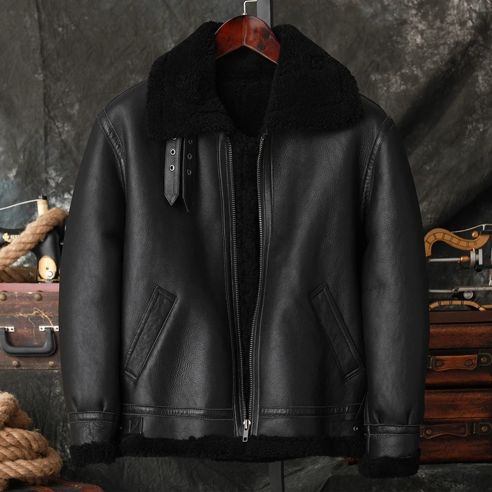 Black Winter Shearling Jacket Men Military Style Plus Size 5XL Genuine Natural Sheepskin Thick Warm Bomber Flight Coat
