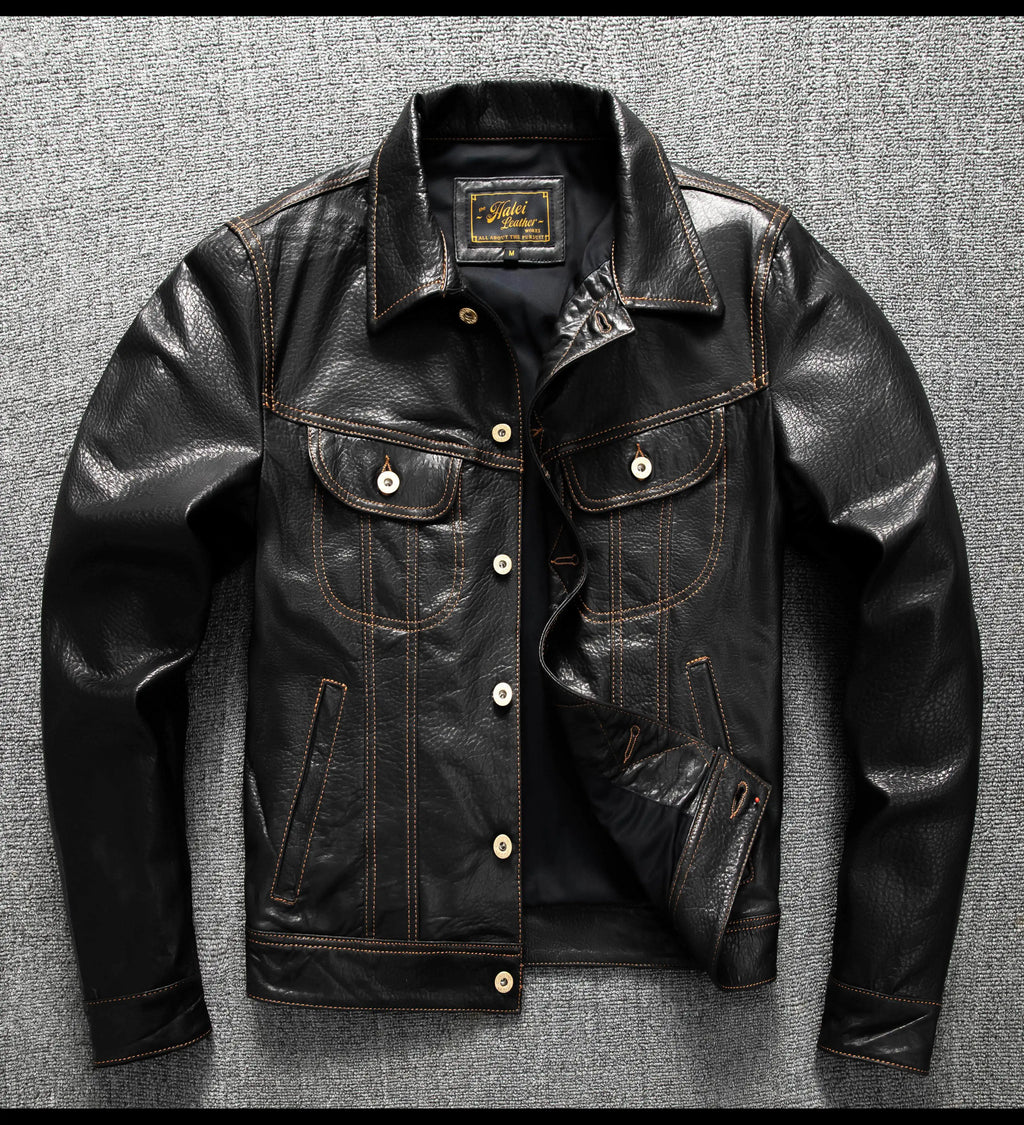 Men's Genuine Sheepskin Leather Trucker Jacket Black Type III Denim Cut Cream Contrast Stitch Brass Snap Short Casual Coat
