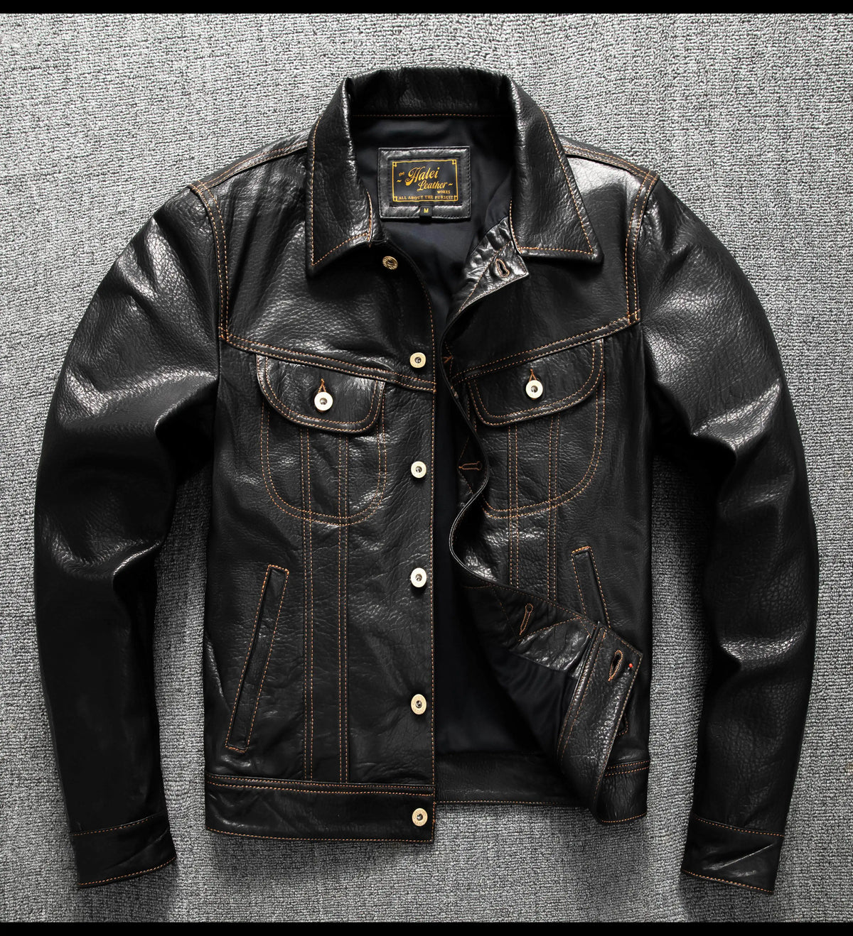 Men's Genuine Sheepskin Leather Trucker Jacket Black Type III Denim Cut Cream Contrast Stitch Brass Snap Short Casual Coat