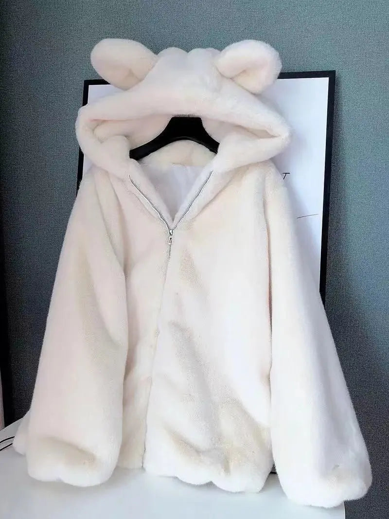 Autumn Winter Thickened Bear Ear Hooded Coat Women's Fashionable Fluffy Simulation Fur Jacket Cute Long-Line Casual Outfit