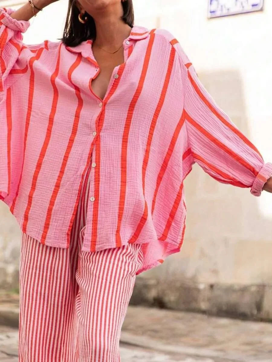 Women's Long Sleeve Button Cardigan Striped Shirt Slim Fit Polo Collar Full Length Autumn Winter New Style Cross Border Independ