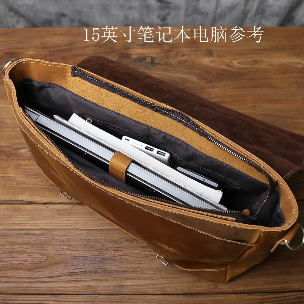 NZPJ Vintage Leather Men's Briefcase Crazy Horse Leather Handbag Casual Natural Cowhide Computer Bag Shoulder Messenger Bag