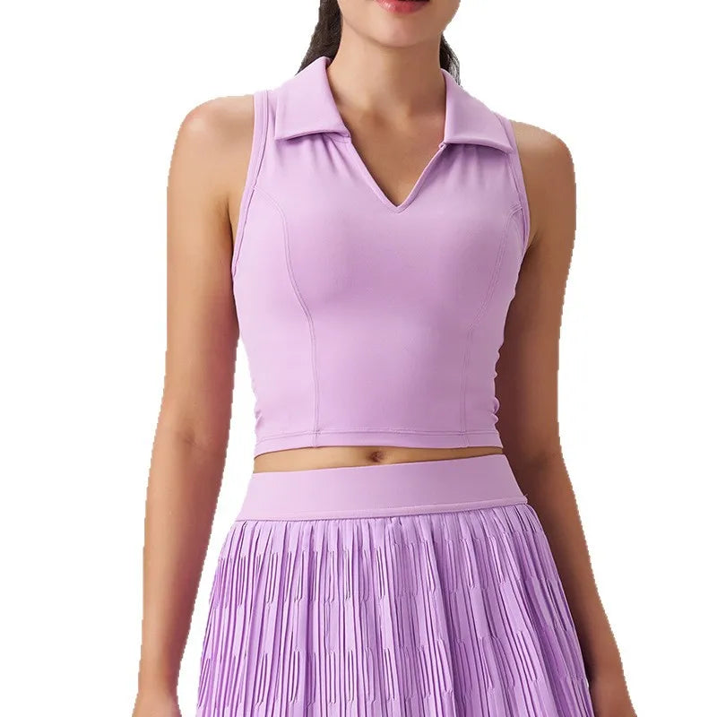 Outdoor Fitness Tennis Outfit Polo Shirt Sleeveless Collared Yoga Vest Breathable Nylon Spandex Slim Fit Youth Women's Top