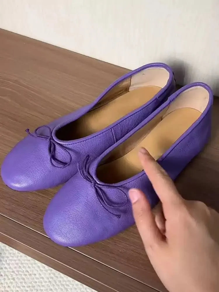 Soft Leather Purple Flat Ballet Flats Women's Shoes Gentle Lady Butterfly Knot Commuter round Toe Shoes Modern Minimalist Style