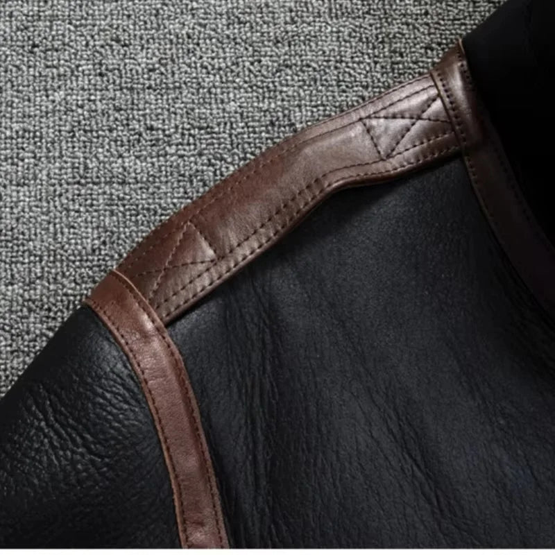 Men's Genuine Sheepskin Shearling Jacket A2 Flight Style Black Brown Fur Collar Winter Bomber Pilot Coat Thick Warm Jacket