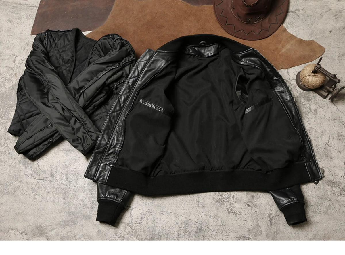 Black Winter Leather Jacket Men Military Style Plus Size 5XL Genuine Natural Sheepskin Thick Warm MA1 Flight Leather Coat