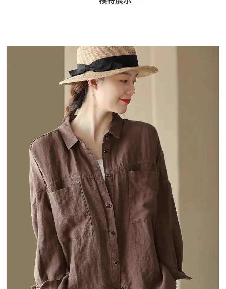 Loose Fit Casual Cotton Linen Long Sleeve Shirt Women's Autumn Winter New Style Thin Open Cardigan Top Comfortable Loose Style