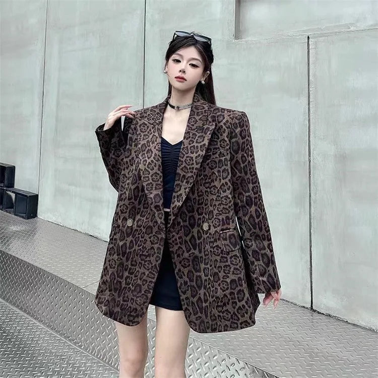 Ladies' Long Sleeve Leopard Print Suit Jacket Hepburn Style Casual Leisure Fashionable Mid-Length Coat Elegant Commute