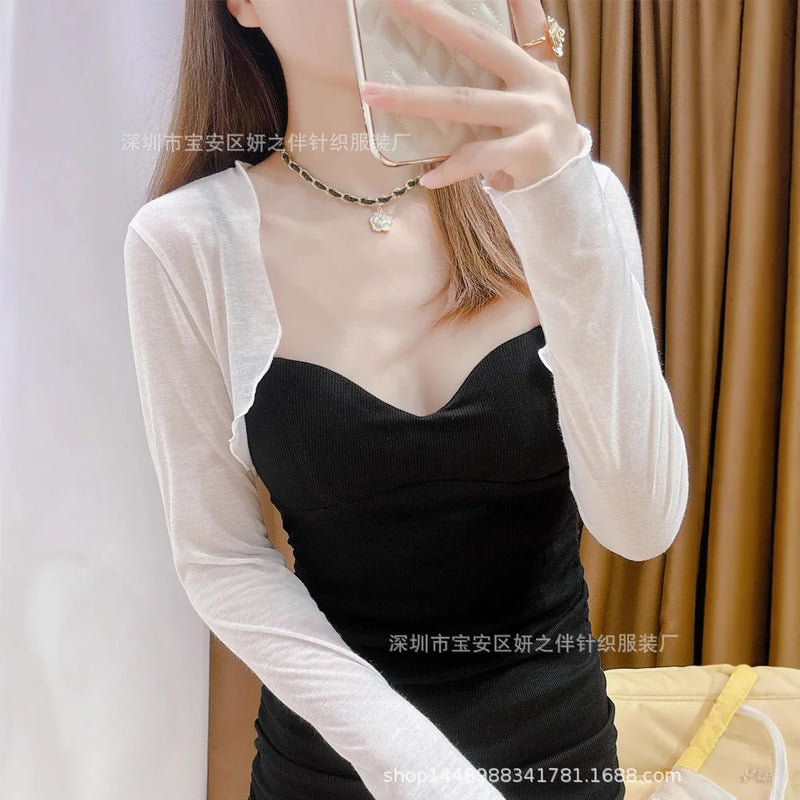 Women's Short Sleeveless Tank Top Outerwear Silk Shawl Cardigan Summer Fashion Ice Silk Cover up French Style Small Cannon