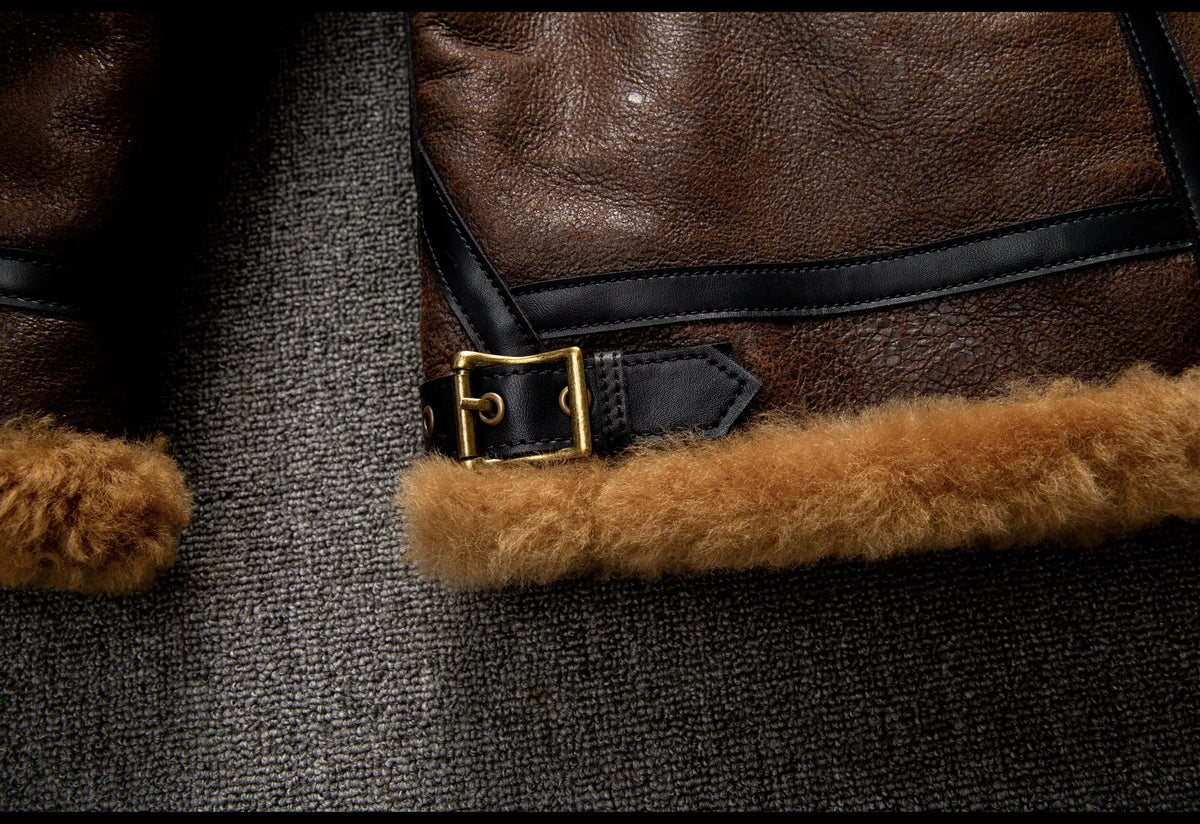 Brown Winter Shearling Jacket Men Retro Style Plus Size 5XL Genuine Natural Sheepskin Turn-Down Collar Thick Warm B3 Flight Coat