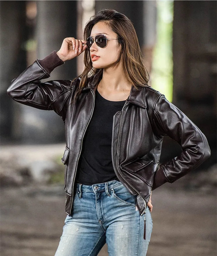 Dark Brown Autumn Leather Jacket Women Retro Style Plus Size 3XL Genuine Natural Cowhide Wool Collar Military G1 Flight Coat