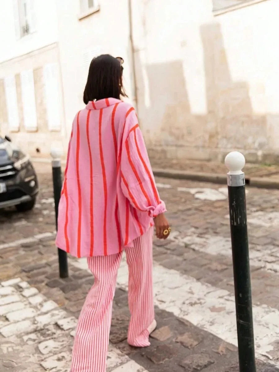 Women's Long Sleeve Button Cardigan Striped Shirt Slim Fit Polo Collar Full Length Autumn Winter New Style Cross Border Independ