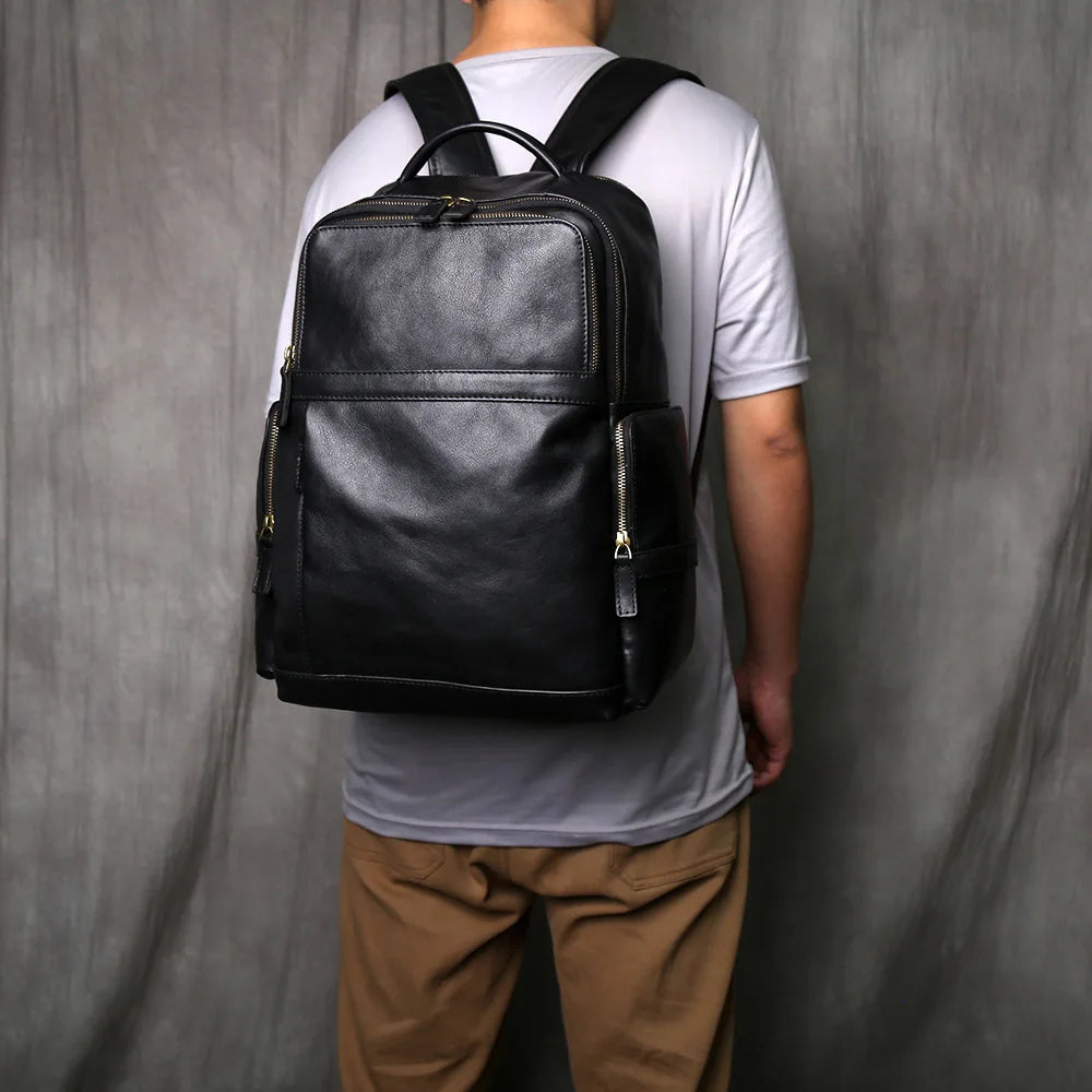 NZPJ Genuine Leather Men's Backpack Top-Grain Cowhide Casual Travel Backpack Multi-Compartment 16-Inch Laptop Bag