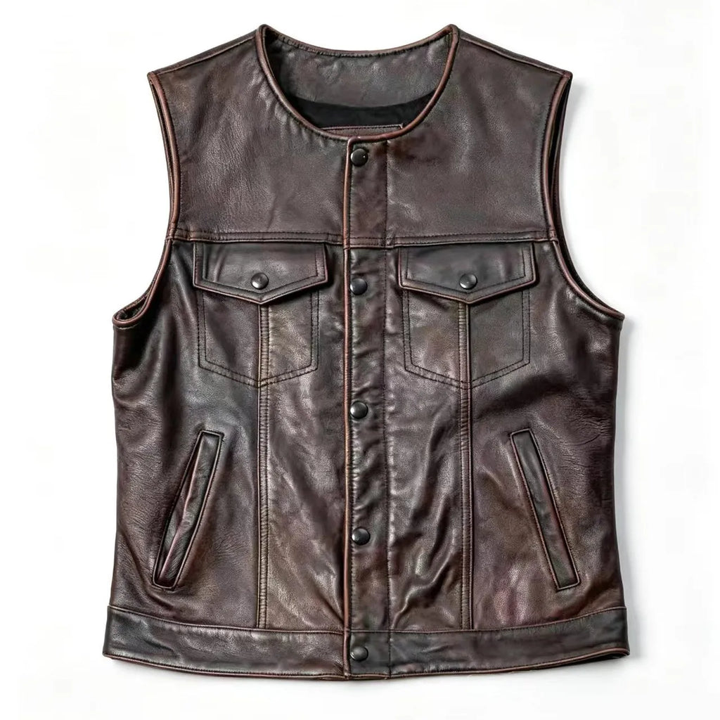 Red Brown Spring Leather Vest Men Retro Style Plus Size 6XL Genuine Natural Cowhide O-Neck Collar Slim Fit Short Sleeveless Coat
