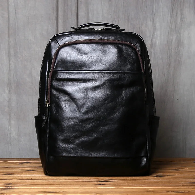 NZPJ Retro Genuine Leather Men's Backpack Fashion Backpack Top Layer Cowhide Computer Backpack Large Capacity Travel Bag