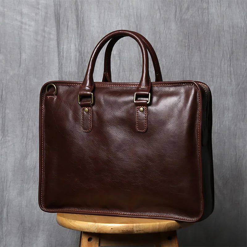 NZPJ Retro Men's Briefcase Leather Laptop Bag Top Layer Cowhide Casual Handbag 14 Inch Business Shoulder Bag Messenger Bag