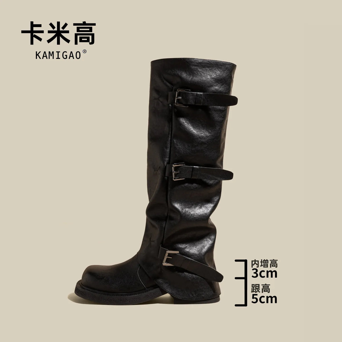 Women's Knight Long Boots 8cm Heightening Thick Bottom Belt Buckle High Tube Motorcycle Boots Autumn New Style Retro round Toe