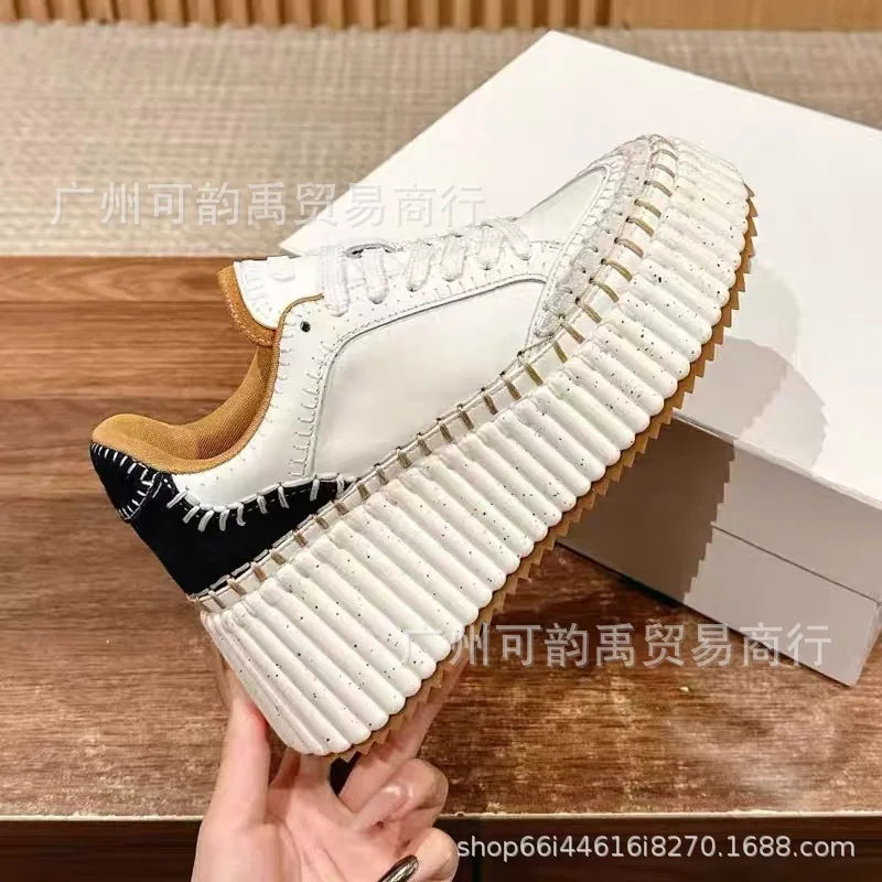 New 2025 Women's Thick Bottom Sports Shoes Sewn Casual Cowhide High Toppling Bottom Flat Shoes Comfortable Breathable Leather
