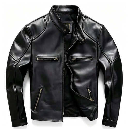 Black Autumn Leather Jacket Men Retro Style Plus Size 6XL Genuine Natural Cowhide Stand Collar J100 Motorcycle Sports Coat
