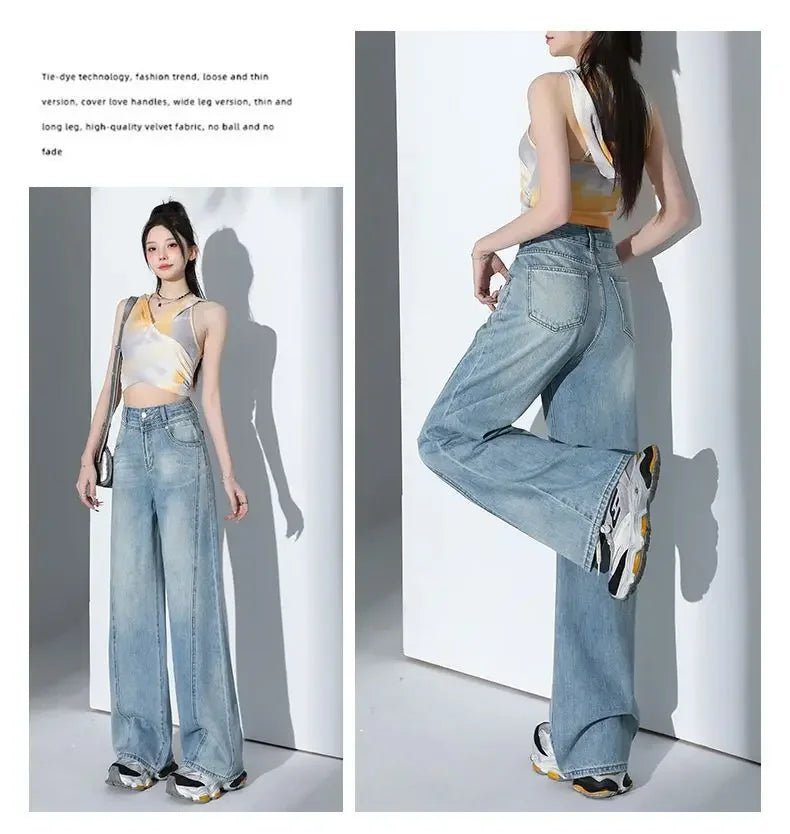 American Style High Waist Loose Women's Blue Jeans Retro Straight Leg Pants Drapey Floor-Length Trousers Versatile Wide Leg Pant
