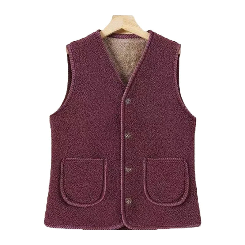 Lamb Fur Vest Thickened Fleece Warm Outerwear for Women Autumn Winter V-neck Striped/Plaid Style Single Button Closure Comfor...