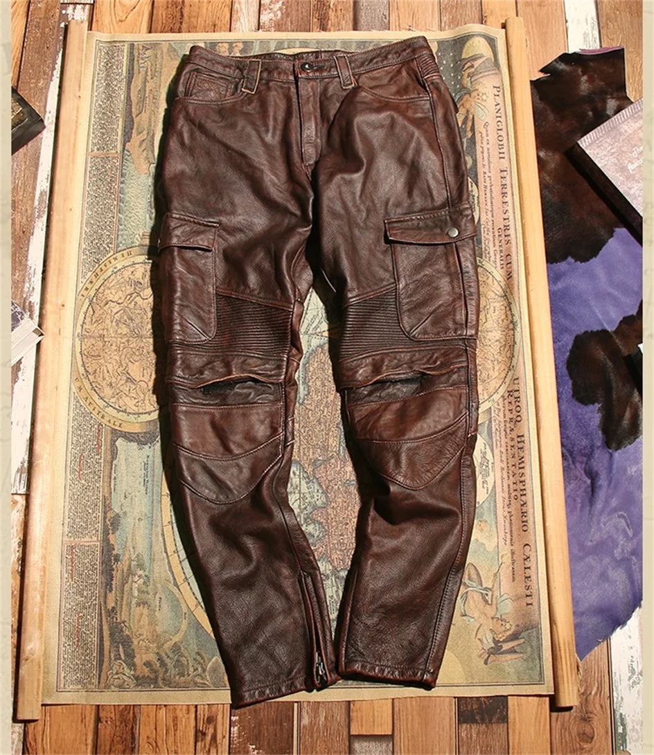 Retro Black Winter Leather Trousers Men Vintage Style Genuine Natural Cowhide Can Add Motorcycle Protection Device Leather Pants