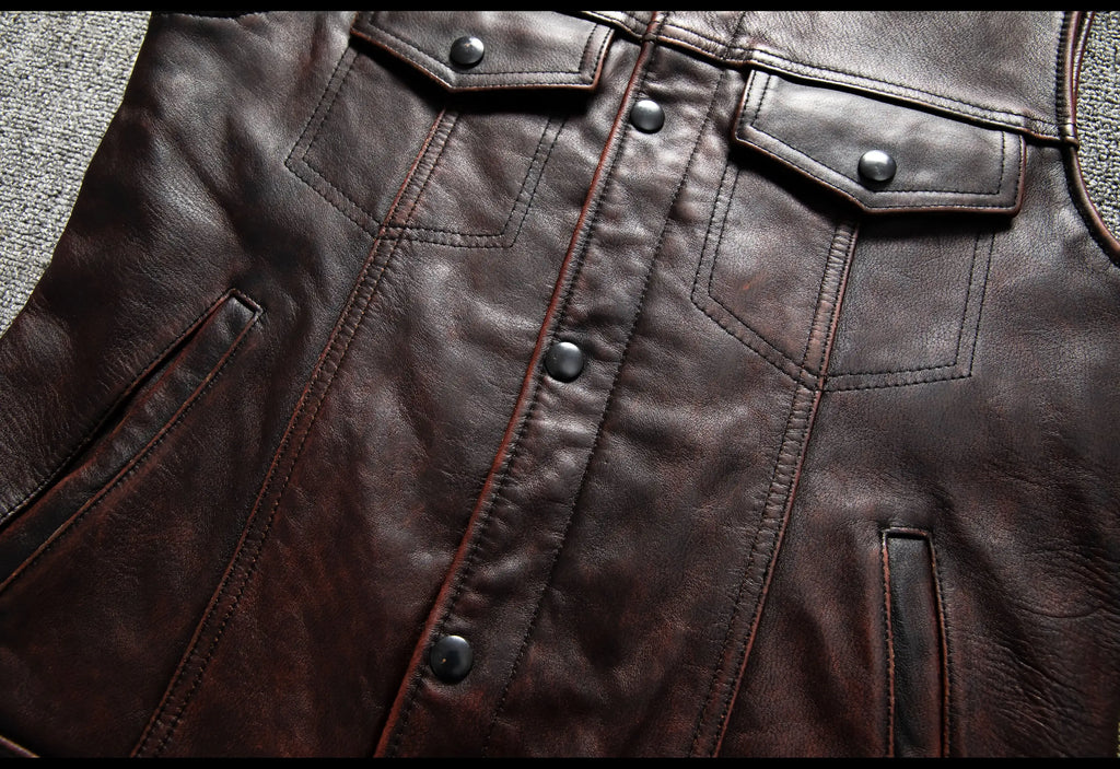 Red Brown Spring Leather Vest Men Retro Style Plus Size 6XL Genuine Natural Cowhide O-Neck Collar Slim Fit Short Sleeveless Coat