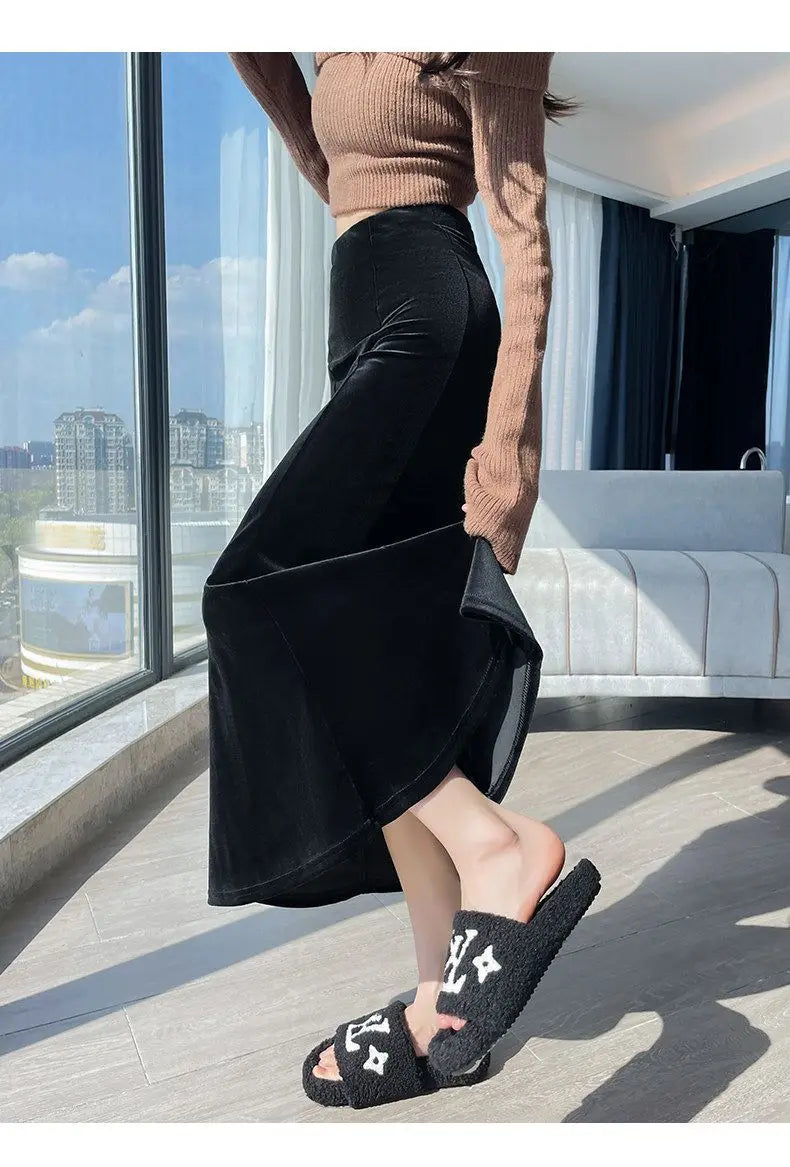 Elegant Long Velvet Skirt Women's High Waist Slim Fit Fish Tail Hem Draping Slimming Full Length Half Body Skirt