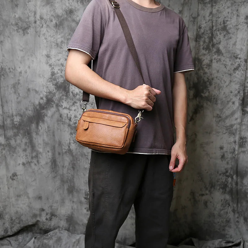 NZPJ Retro Genuine Leather Men's Shoulder Bag Casual Top Layer Cowhide Crossbody Bag Large Capacity  Men's Waist Bag