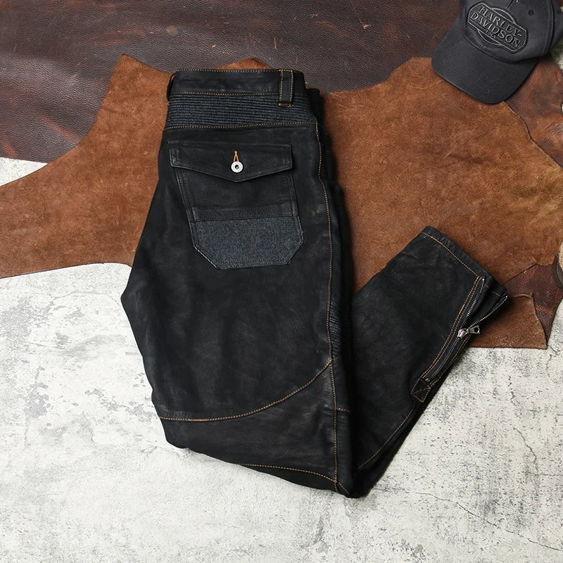 Black Spring Leather Trousers Men Retro Style Plus Size 4XL Genuine Natural Sheepskin Add Protection Device Motorcycle Pants