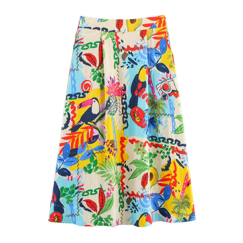 Fashionable Casual Tropical Print Cloak Style Midi Skirt Spring Summer New Arrival Women's Clothing Cotton Polyester Blend