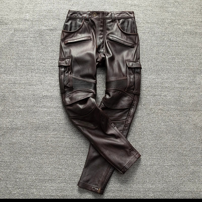 Red Brown Long Winter Leather Trousers Men Vintage Style Plus Size 5XL Genuine Natural Cowhide Motorcycle Leather Pants