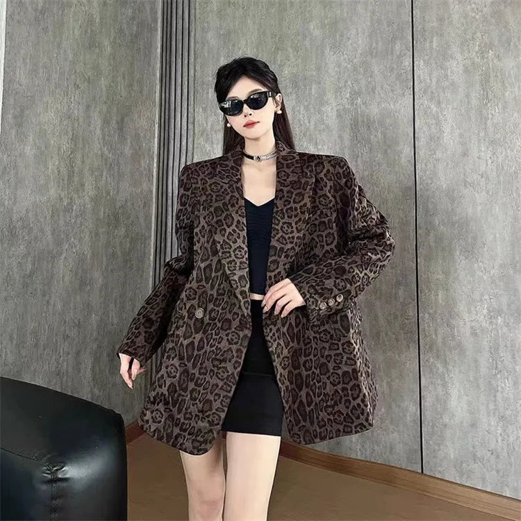 Ladies' Long Sleeve Leopard Print Suit Jacket Hepburn Style Casual Leisure Fashionable Mid-Length Coat Elegant Commute