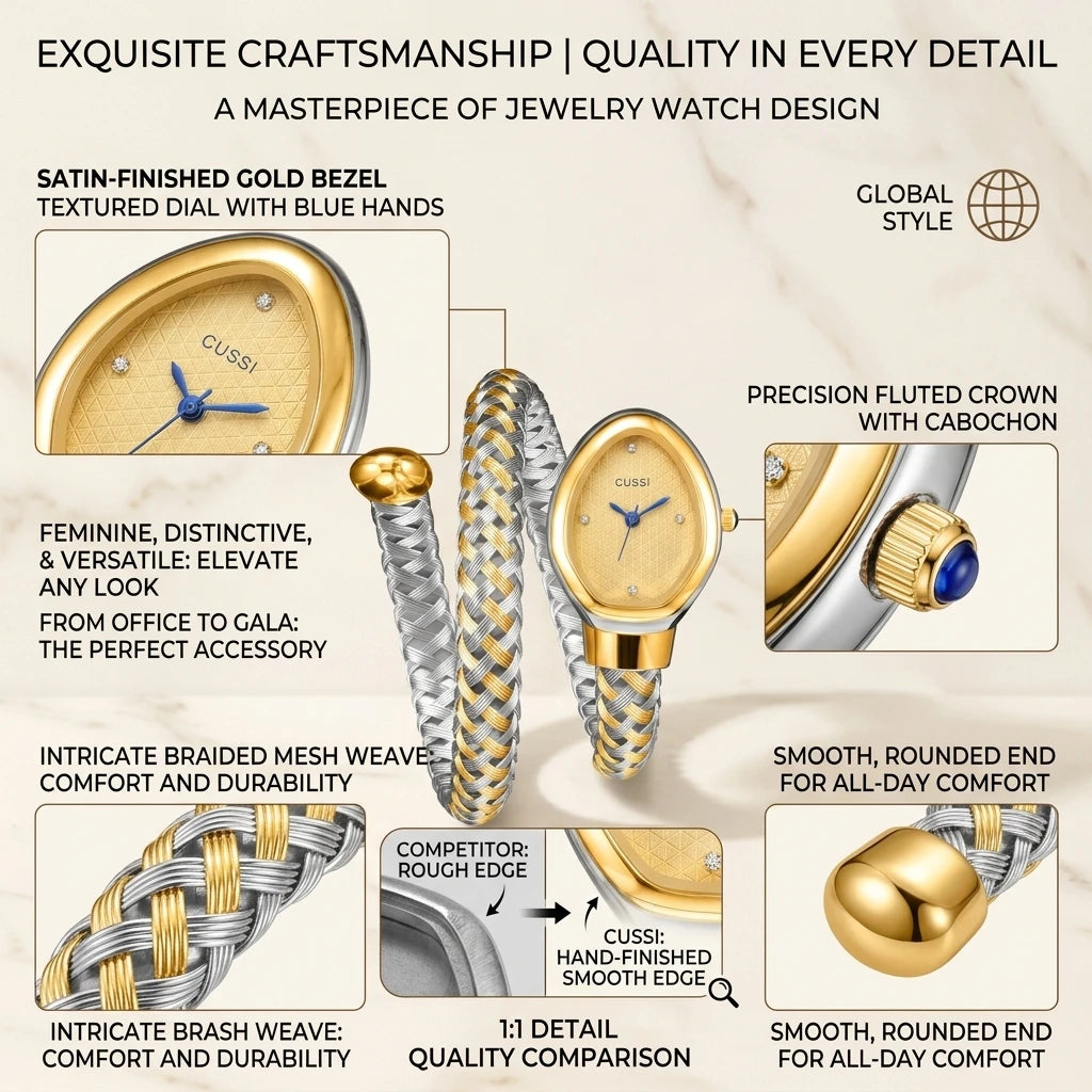 4pc Women's Gold-Silver Braided Metal Elegant Diamond Accents Quartz Watch & Bracelets Gift Set for Birthday, Valentine's Day