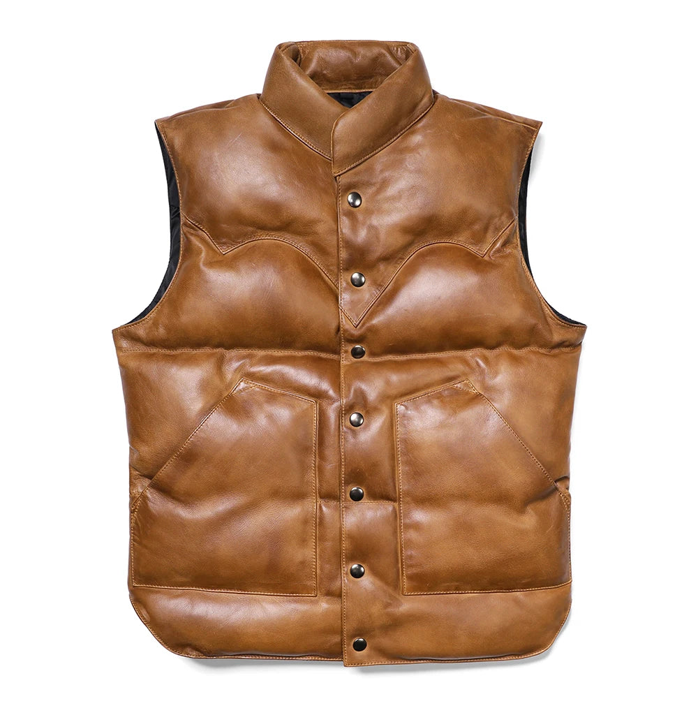 Brown Winter Down Vest Men Japan Casual Style Plus Size 5XL Genuine Natural Sheepskin Stand Collar Single Breasted Leather Vest