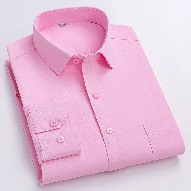 Men Formal Shirt Long Sleeve Office Solid Color Striped Fashion Business Pocket White Social Shirt Men's Clothing 5XL 6XL