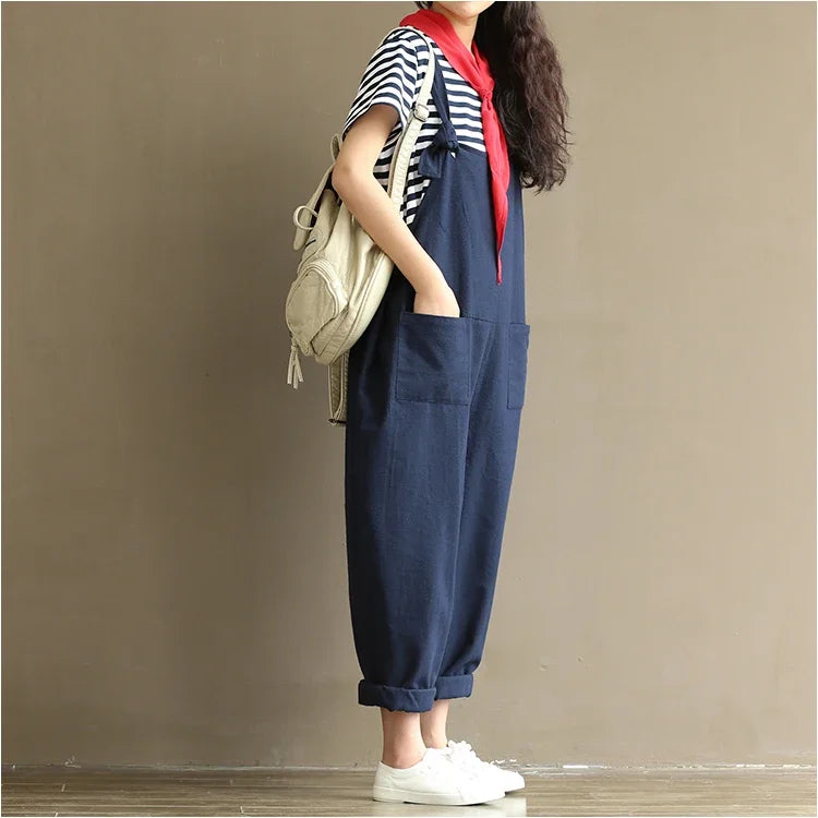 Artistic Vintage Deep Blues Cotton Strap Casual Trousers Women's 1701 European American Style