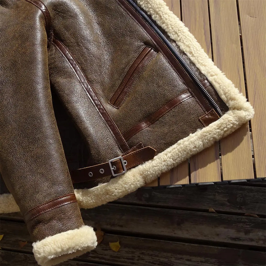 Dark Brown Winter Shearling Jacket Men Retro Style Plus Size 4XL Genuine Natural Thick Sheepskin Turn-Down Collar Flight Coat